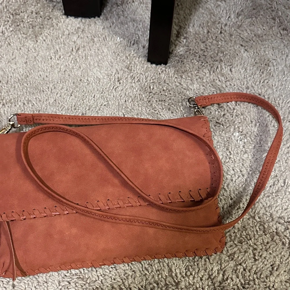 Suede Crossbody Clutch with Fringe in Rust Orange - Unbranded